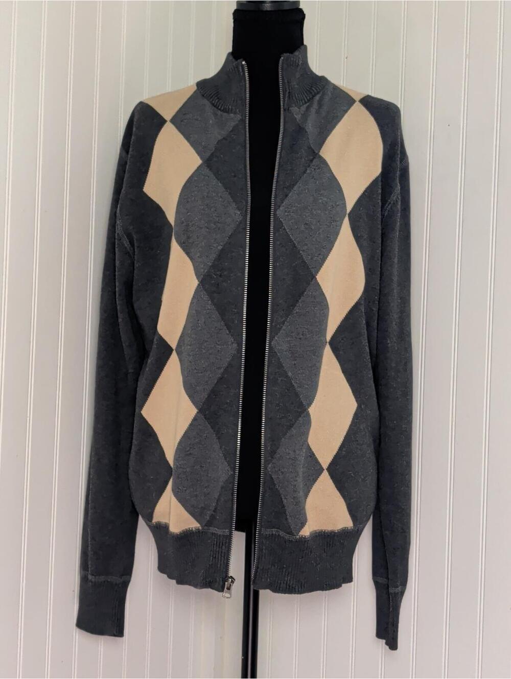 Charcoal & Tan Diamond Argyle Zip-Up Cardigan 🤎 Oversized Grandpacore Knit L
